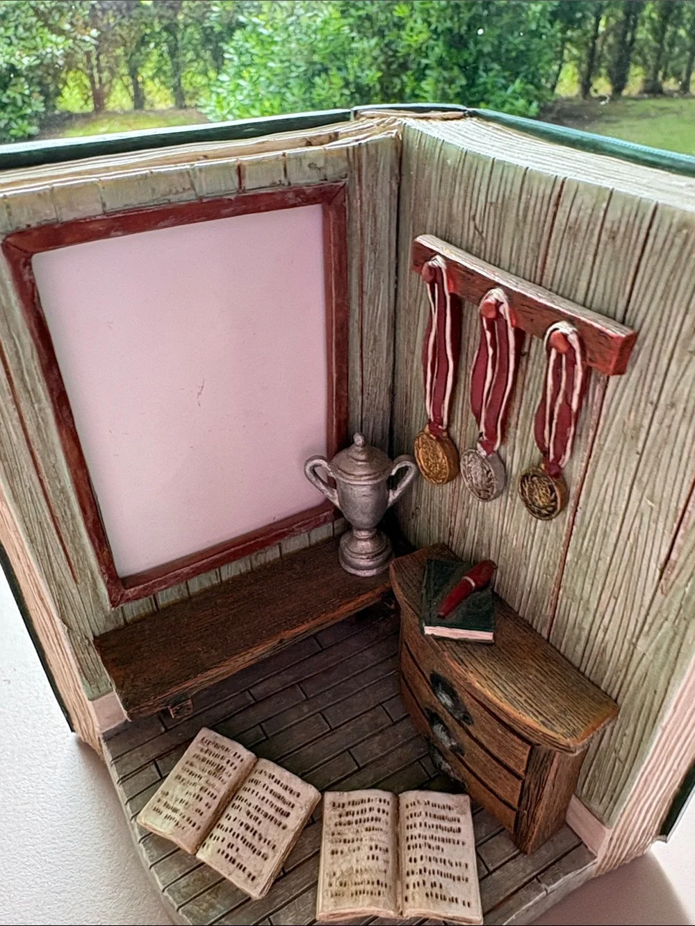 Picture frame decoration with open book and awards